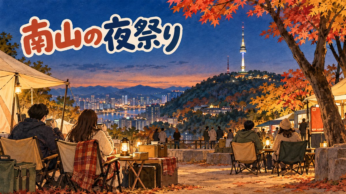 紅葉した木々の下、ランタンの灯るテントとピクニックマットが並ぶ秋の夜の南山の広場を描いたイラスト