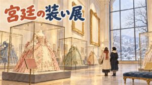 18世紀のドレスや装飾品が並ぶ美術館の展示室と、冬の夕方に灯りがともる博物館の外観のイメージ