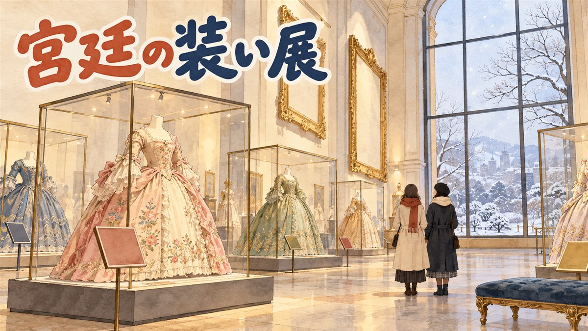 18世紀のドレスや装飾品が並ぶ美術館の展示室と、冬の夕方に灯りがともる博物館の外観のイメージ