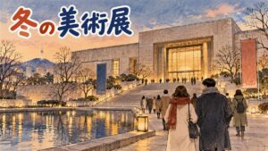 国立中央博物館の建物前を歩く旅行者と、冬の夕方のソウルの景色