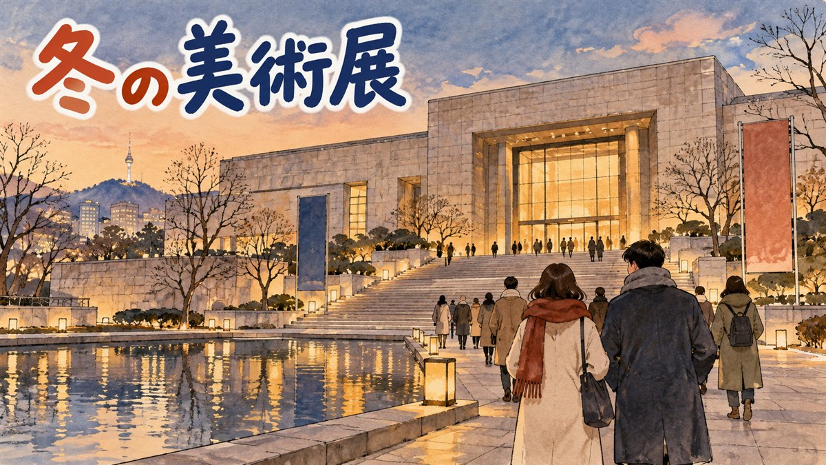 国立中央博物館の建物前を歩く旅行者と、冬の夕方のソウルの景色