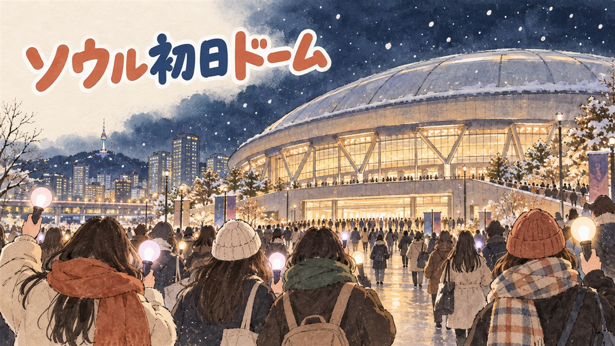 NCT WISHの2回目のツアーの初日、冬の夜のソウルの高尺スカイドームへ向かうファンのイメージ