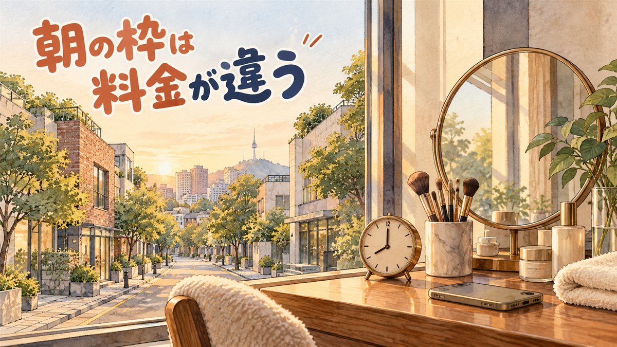 朝のソウルを描いた水彩イラスト。窓辺の木の化粧台に丸い鏡、メイクブラシを立てた器、8時を指す置き時計、スマートフォン、たたんだタオルが並ぶ。窓の外は朝日に照らされた並木道と低い建物。人は描かれていない。左上に「朝の枠は料金が違う」の手書き文字