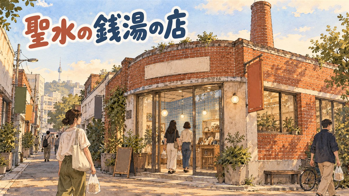 聖水の赤れんがと煙突の銭湯風ブランド店舗の外観をイメージしたイラスト