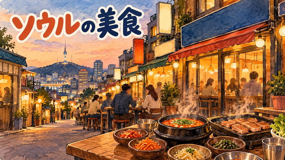 ソウルの街並みと食卓の皿、地図を広げて店を選ぶ旅行者を描いたイラスト