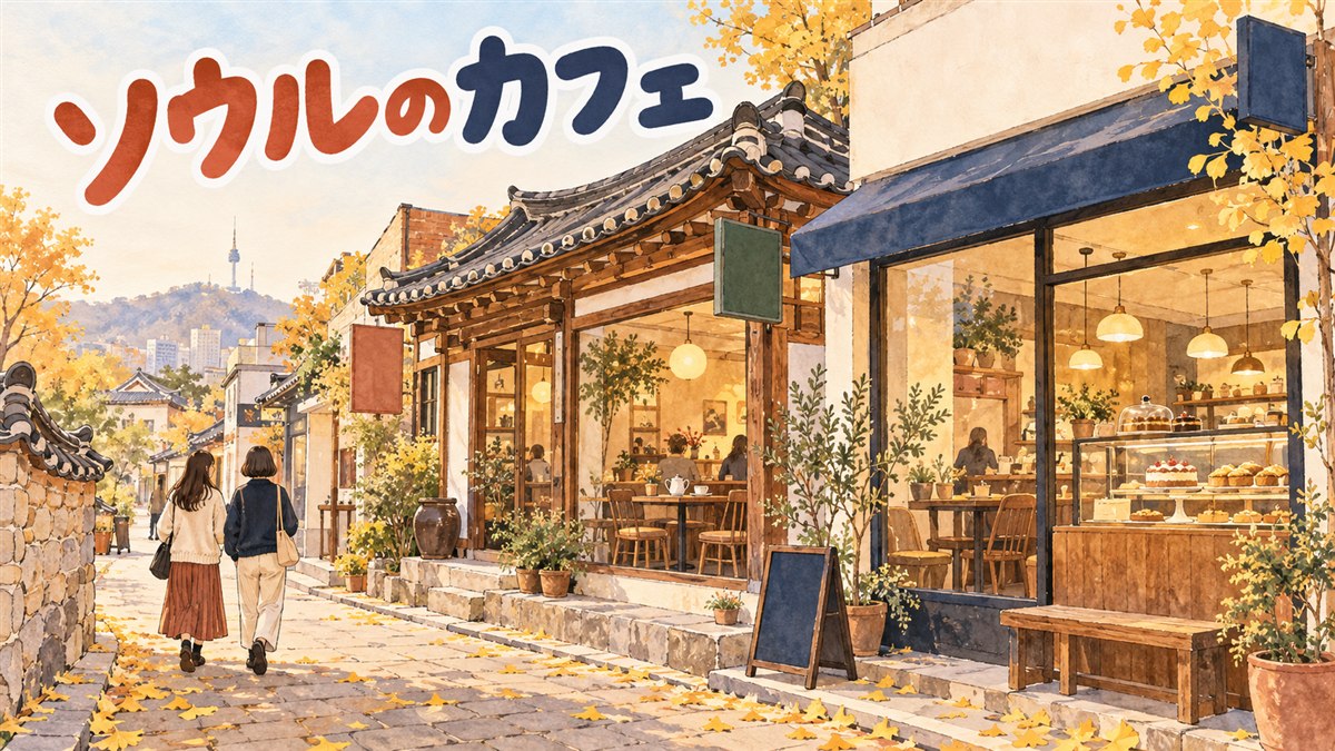 ソウルの街角でスマートフォンの地図を見ながら、ケーキとコーヒーのカフェを探す人を描いたイラスト