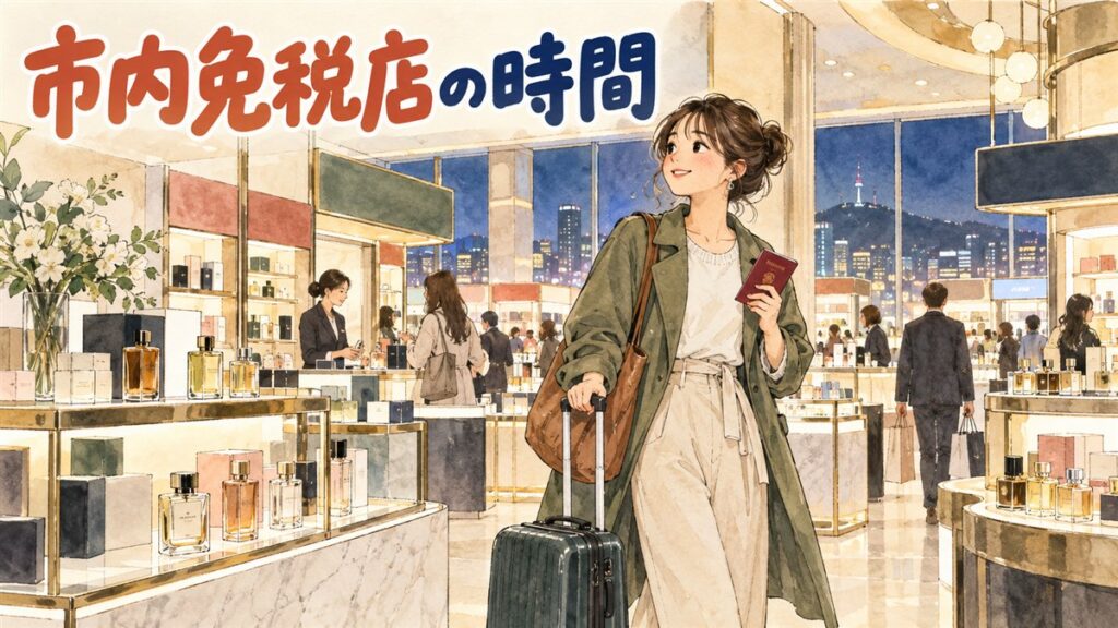 夕方の明洞の街並みと免税店の入るビル、旅行用のキャリーケースを引く人々