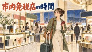 夕方の明洞の街並みと免税店の入るビル、旅行用のキャリーケースを引く人々