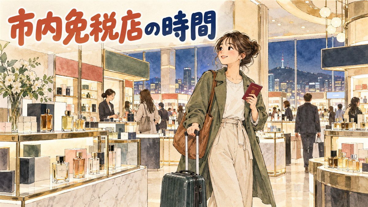 夕方の明洞の街並みと免税店の入るビル、旅行用のキャリーケースを引く人々