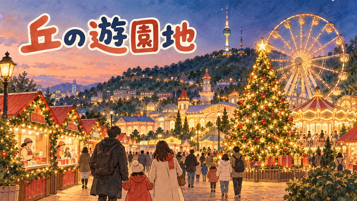 夕暮れの遊園地で、観覧車とクリスマスツリーに灯りがともる様子を描いたイラスト