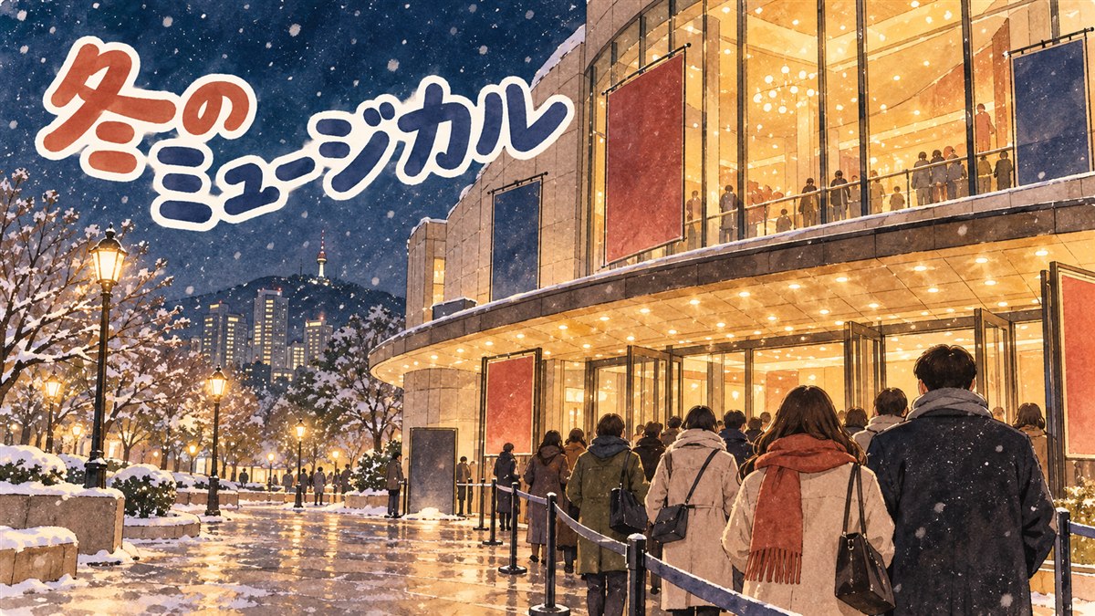 冬の夜、劇場の前でミュージカルの開演を待つ人たちを描いたイラスト