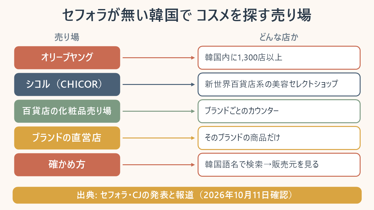 セフォラが無い韓国でコスメを探す売り場の図。オリーブヤングは韓国内に1,300店以上、シコル（CHICOR）は新世界百貨店系の美容セレクトショップ、百貨店の化粧品売り場はブランドごとのカウンター、ブランドの直営店はそのブランドの商品だけ。確かめ方は韓国語名で検索して販売元を見る。出典はセフォラ・CJの発表と報道、2026年10月11日確認