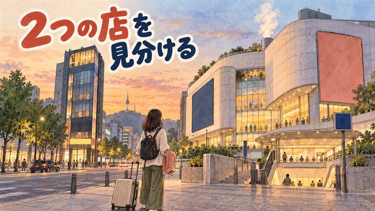 夕暮れのソウル・東大門近くの通りを描いた水彩イラスト。地下への入口がある大きな商業ビルと細長いオフィスビルが並び、スーツケースとタオルを持った旅行者の後ろ姿が2つの建物を見比べている。顔は描かれていない。左上に「2つの店を見分ける」の手書き文字
