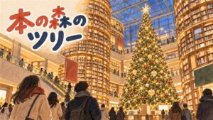 COEXのピョルマダン図書館に立つ大きなクリスマスツリーと本棚のイラスト