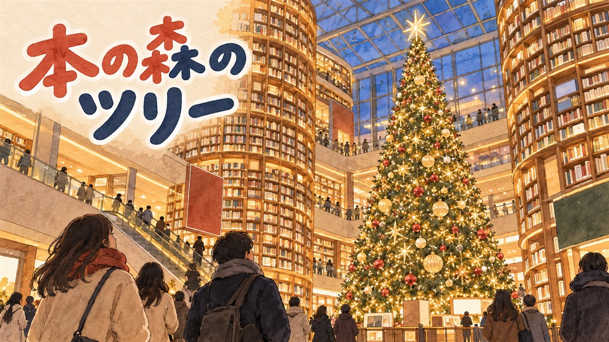 COEXのピョルマダン図書館に立つ大きなクリスマスツリーと本棚のイラスト