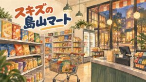 Stray KidsとKREAMのポップアップ「ODD&FRESH」をイメージしたスーパーマーケット風の売り場のイラスト