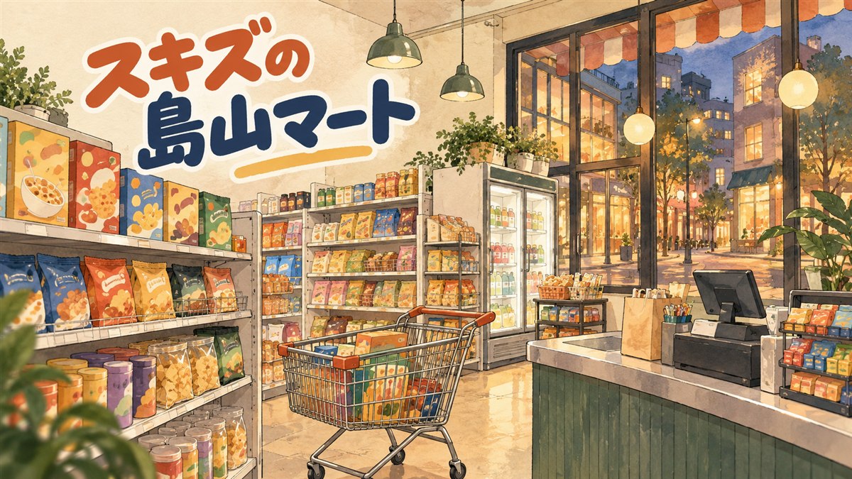 Stray KidsとKREAMのポップアップ「ODD&FRESH」をイメージしたスーパーマーケット風の売り場のイラスト