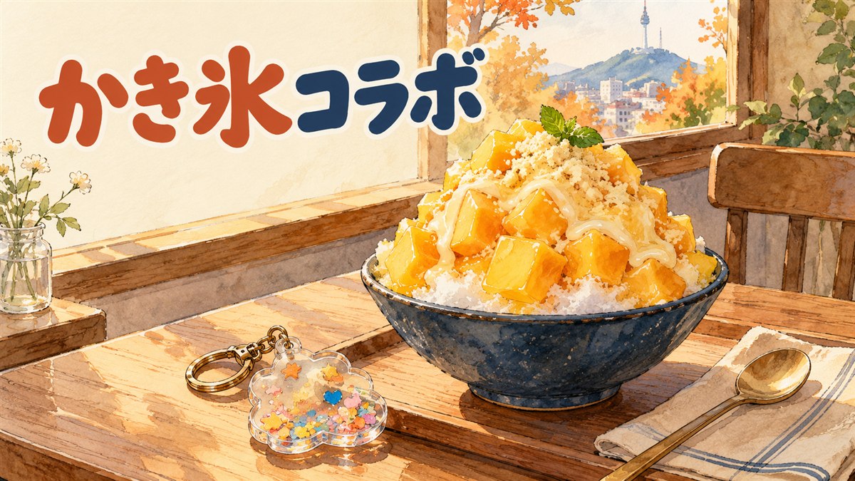 韓国のかき氷カフェの窓辺に置かれたマンゴーとチーズのかき氷とアクリルのキーホルダー