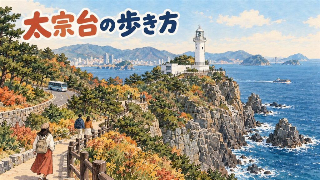釜山・影島の太宗台の海岸線と灯台、断崖の上を走る循環道路のイラスト