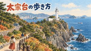 釜山・影島の太宗台の海岸線と灯台、断崖の上を走る循環道路のイラスト