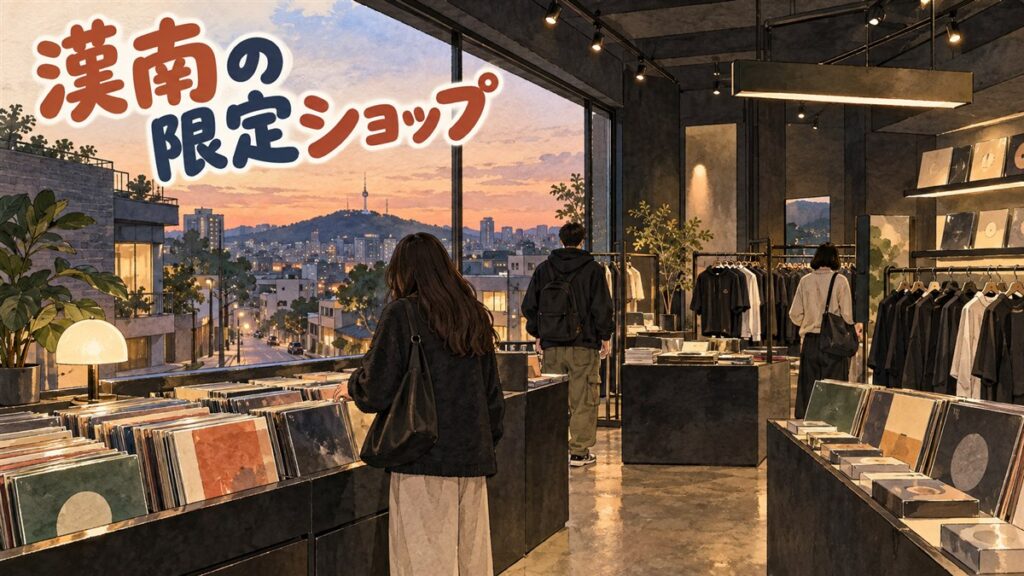 梨泰院路の大型ファッションストアの2階で、黒い服のグッズが並ぶ棚の前を来場者が見て回るポップアップ会場の情景