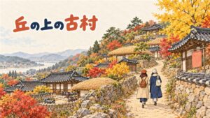 瓦屋根の古い家々が並ぶ山あいの村と、石畳の小道を歩く旅行者のイメージ