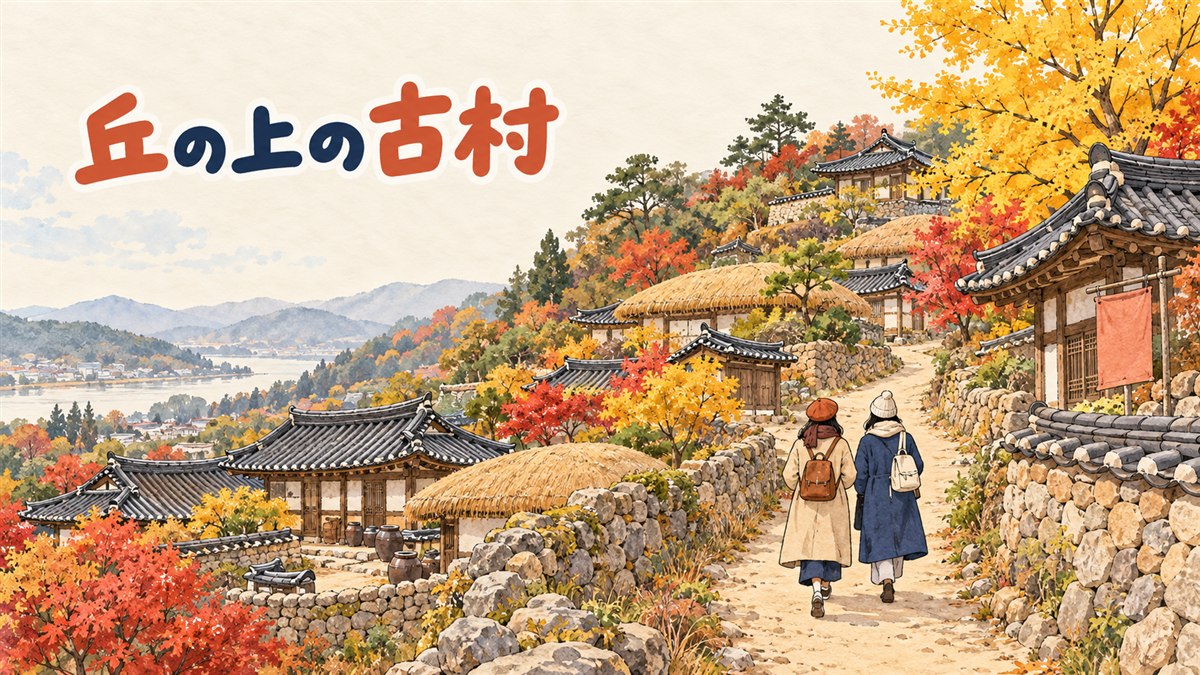 瓦屋根の古い家々が並ぶ山あいの村と、石畳の小道を歩く旅行者のイメージ
